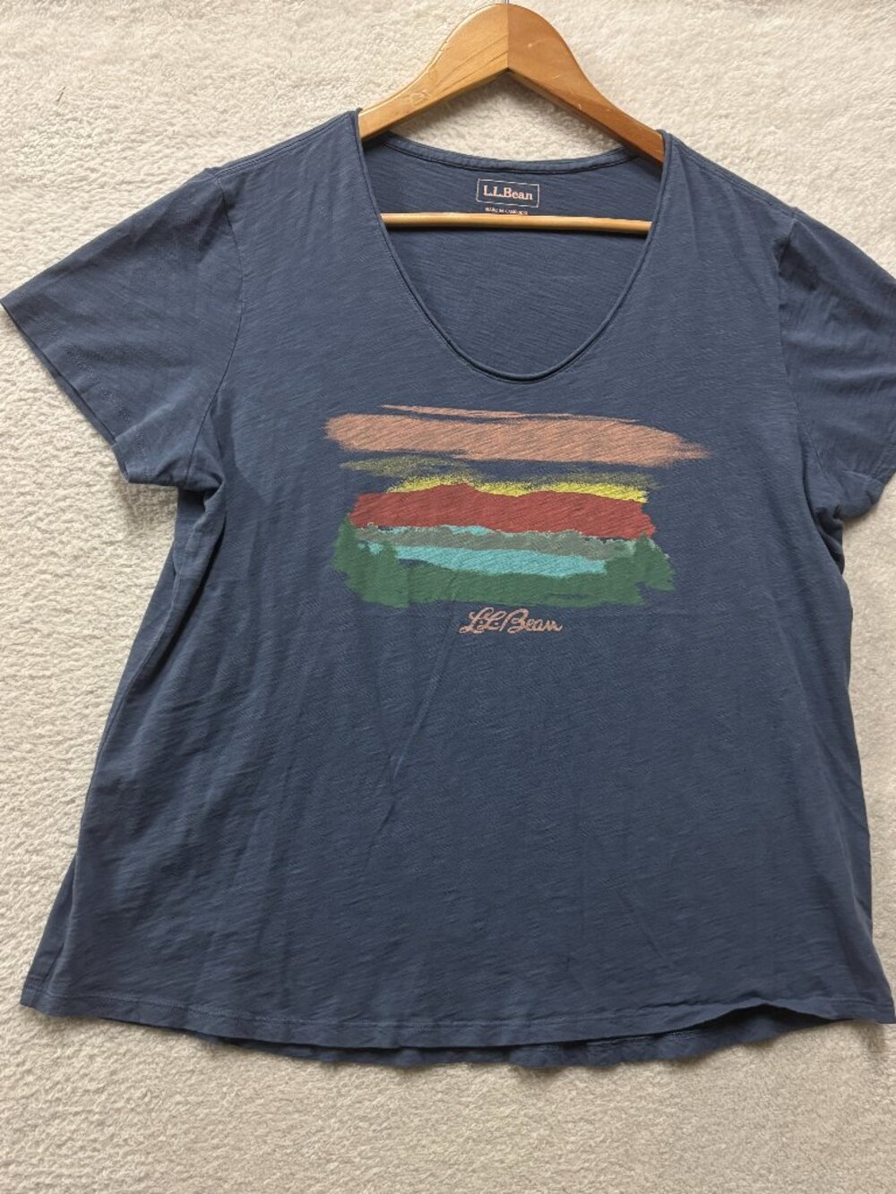 L.L. Bean Women's Large Blue Slub Knit Graphic T-Shirt Mountain Landscape Gorpco